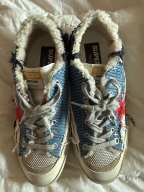 Golden Goose Womens Funky Light Blue Corduroy Sneakers with Cream Shearling